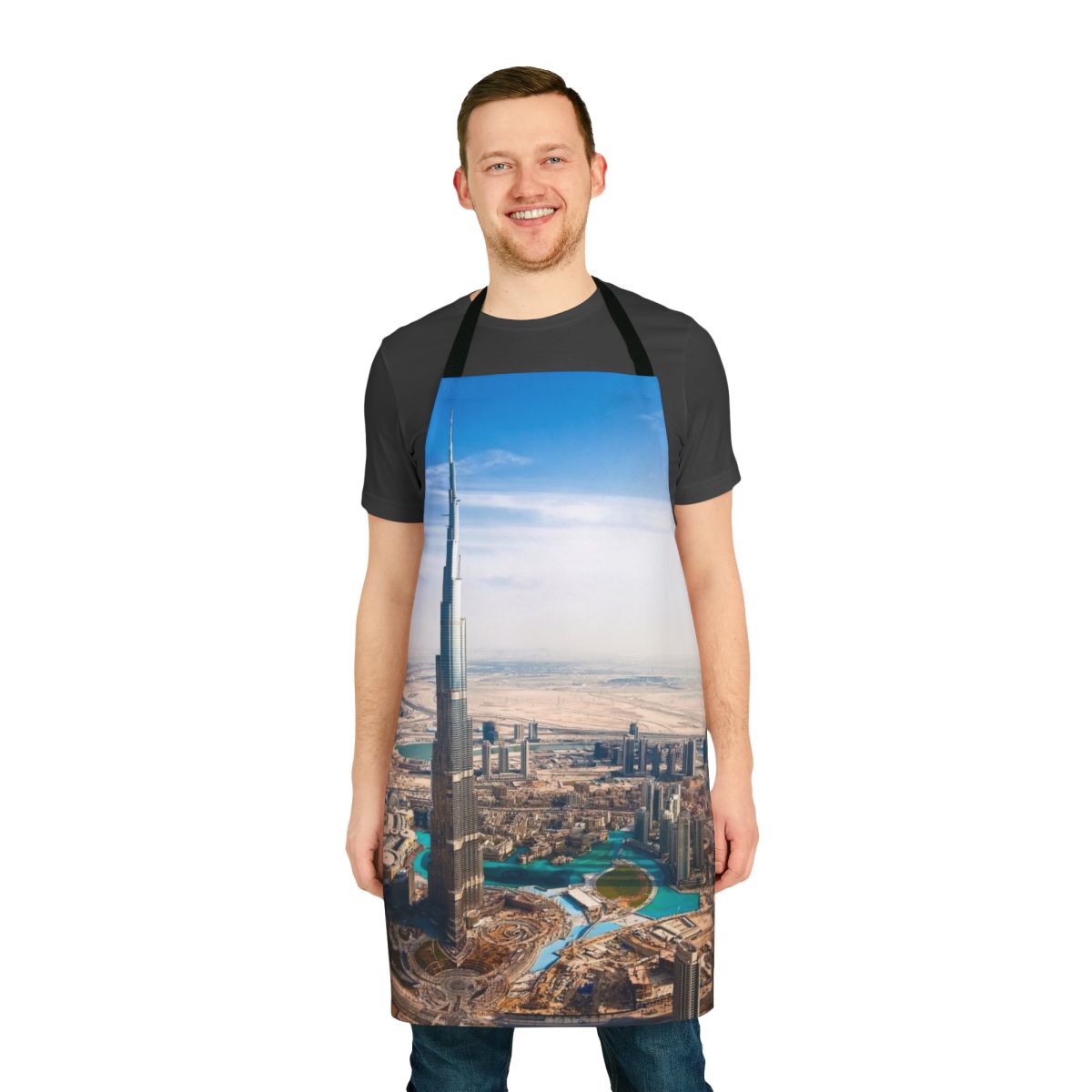 Decorative Dubai-inspired apron featuring the iconic Burj Khalifa landmark