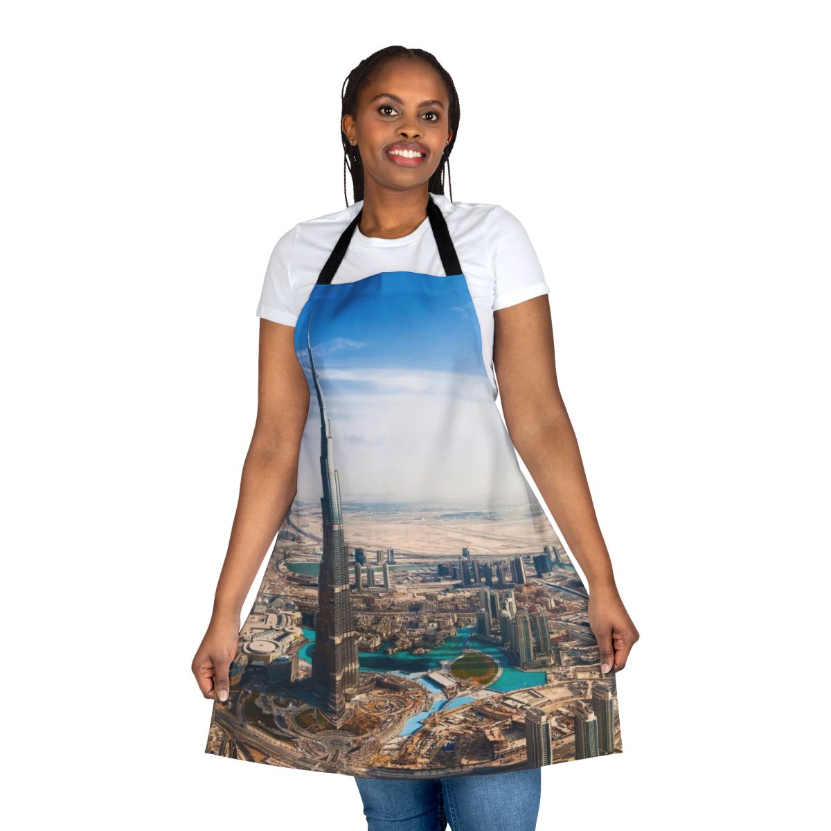 Decorative Dubai-inspired apron featuring the iconic Burj Khalifa landmark
