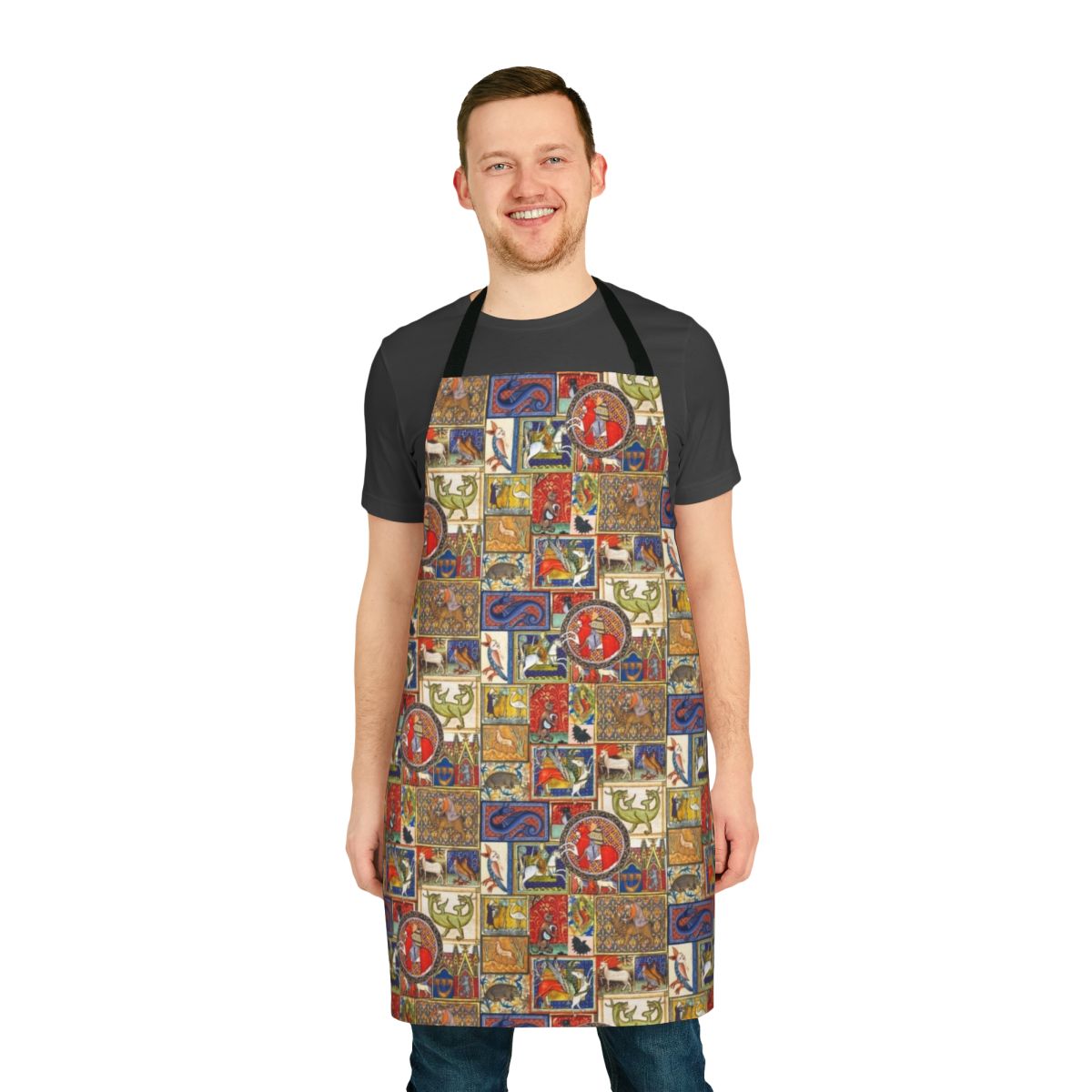 Stylized medieval beasts and animal motifs decorating a high-quality kitchen apron