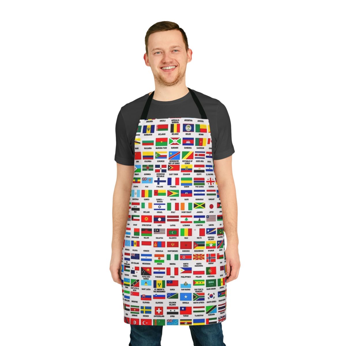 Vintage-style world flags apron with a map of the globe