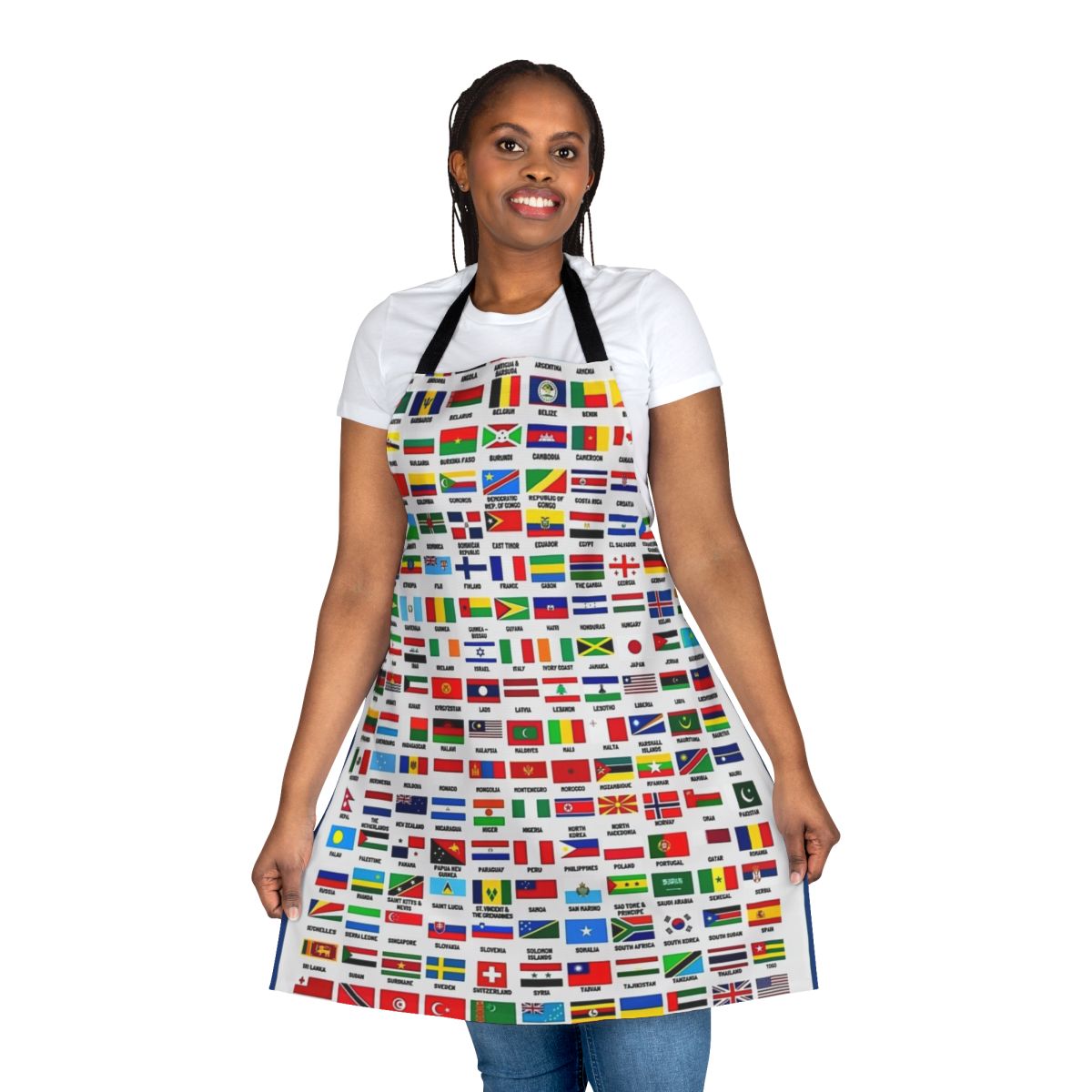 Vintage-style world flags apron with a map of the globe