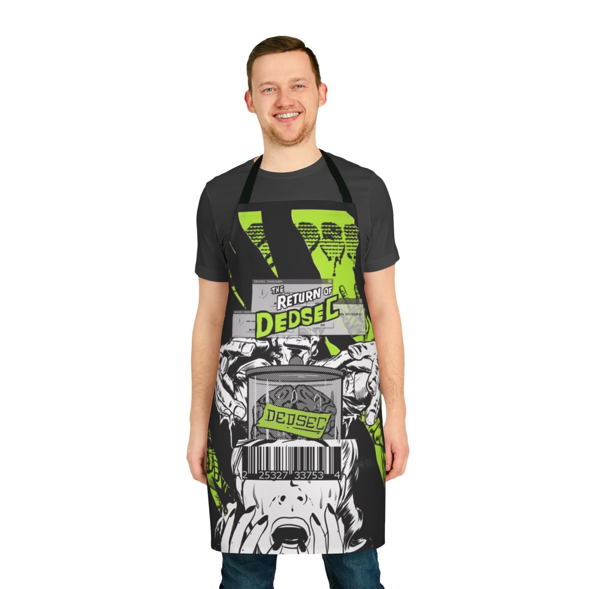 A stylish apron featuring a Dedsec-inspired design, perfect for video game enthusiasts and pop art fans.