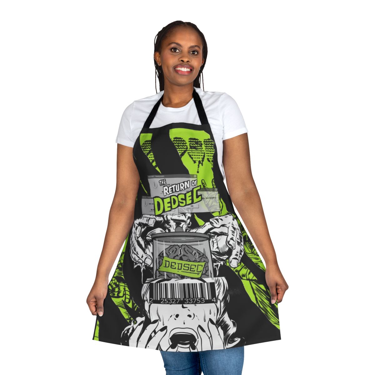 A stylish apron featuring a Dedsec-inspired design, perfect for video game enthusiasts and pop art fans.