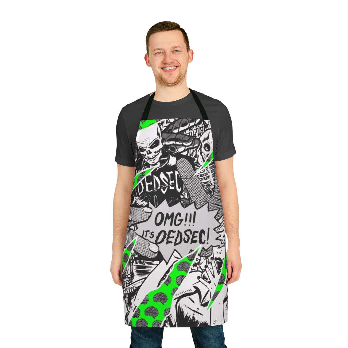 A stylish apron featuring the Dedsec logo and design elements, perfect for video game enthusiasts in the kitchen or workshop.