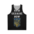 Unisex tank top in blue and yellow colors, featuring "Arm Ukraine Now" text and Ukrainian symbols