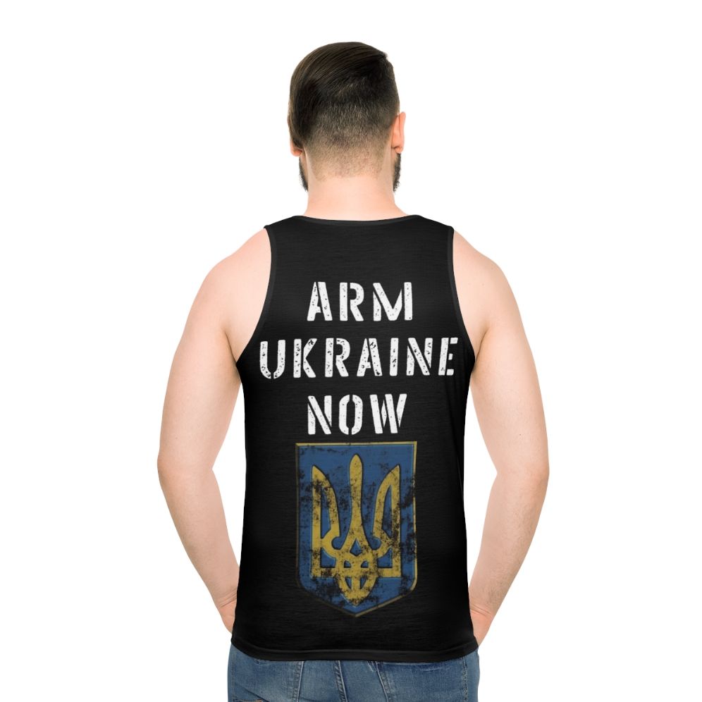 Unisex tank top in blue and yellow colors, featuring "Arm Ukraine Now" text and Ukrainian symbols