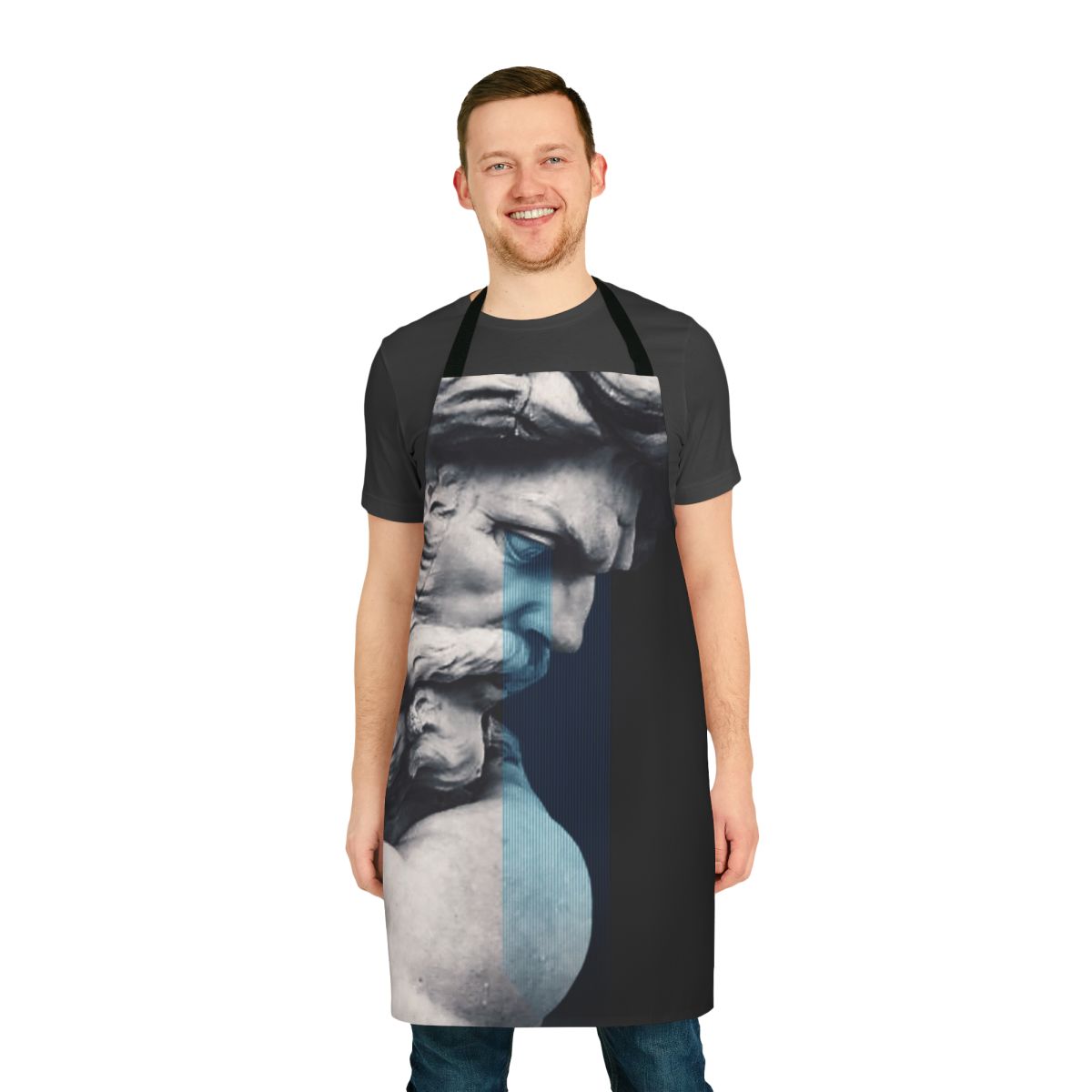 Degenerated Greek Deity Digital Apron featuring a mythological figure in a black and white, abstract, pop art style