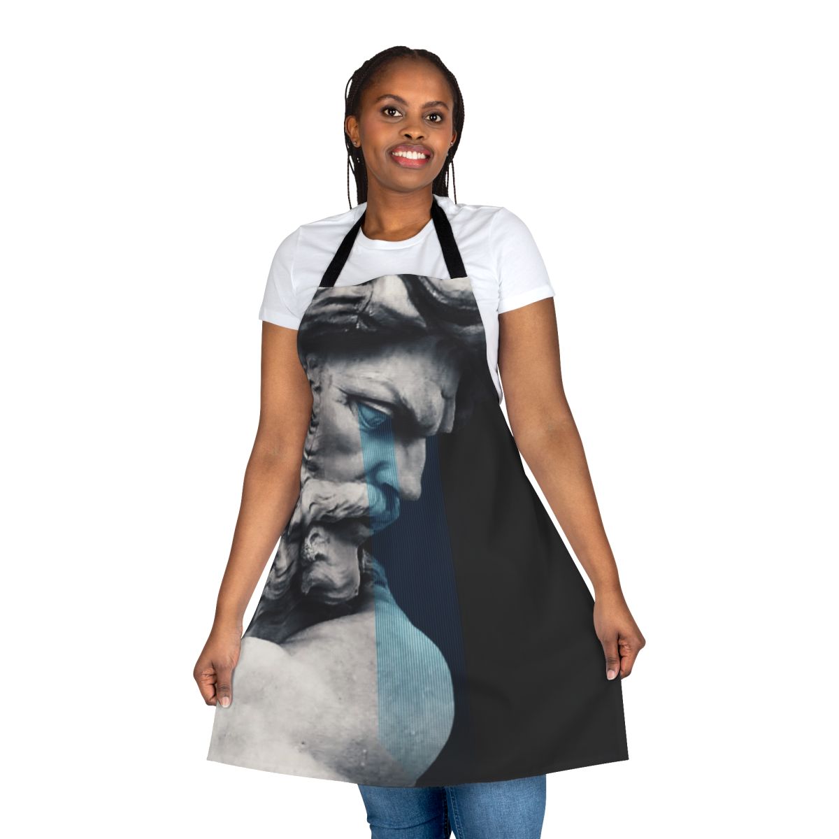 Degenerated Greek Deity Digital Apron featuring a mythological figure in a black and white, abstract, pop art style