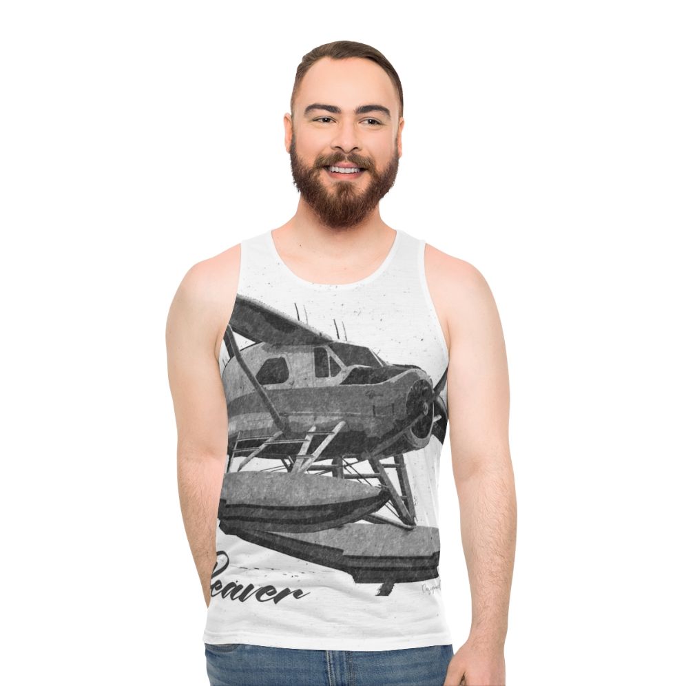 Dehavilland DHC-2 Beaver floatplane sketch on unisex tank top