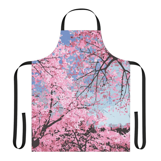 A vibrant cherry blossom-patterned apron, perfect for embracing the beauty of spring.