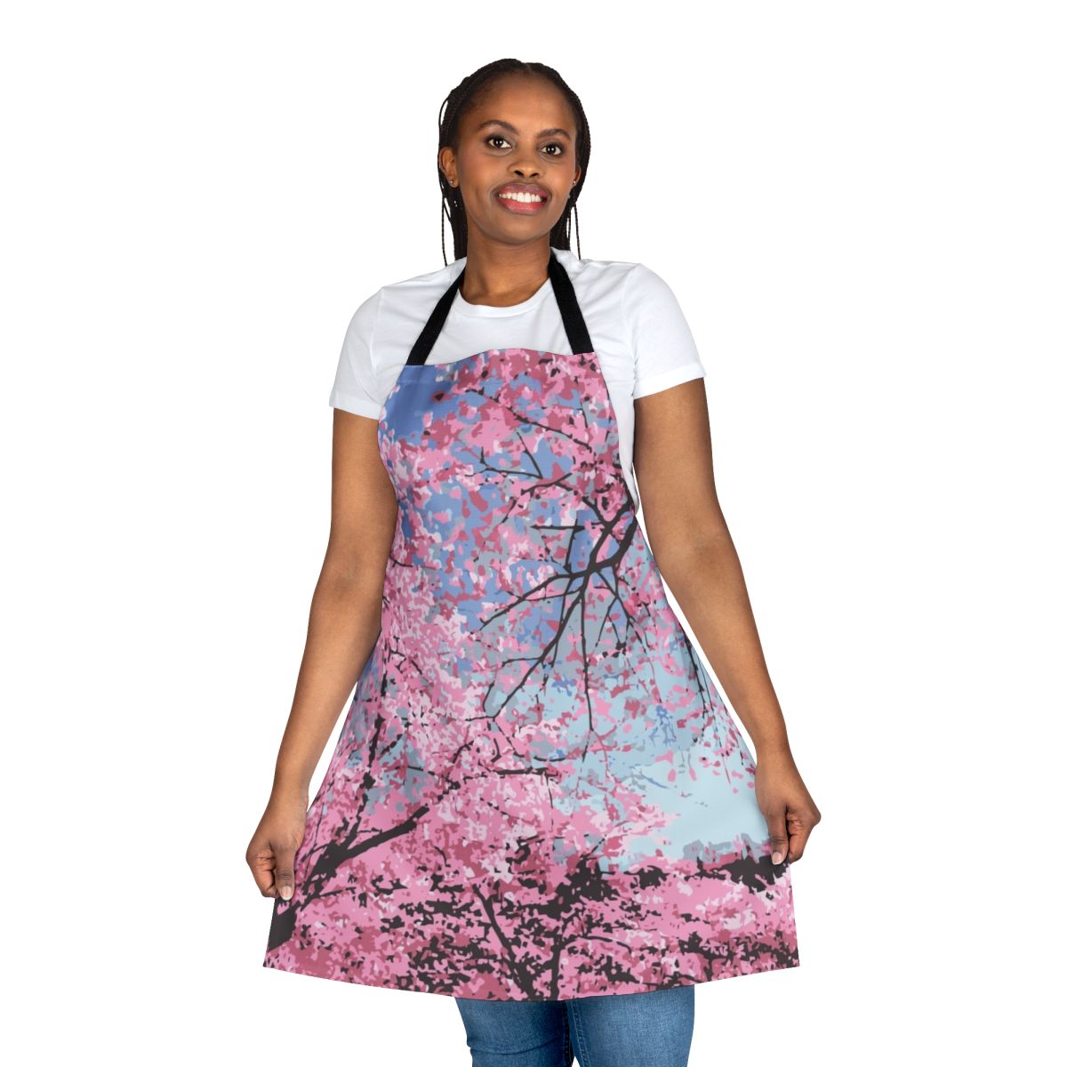A vibrant cherry blossom-patterned apron, perfect for embracing the beauty of spring.