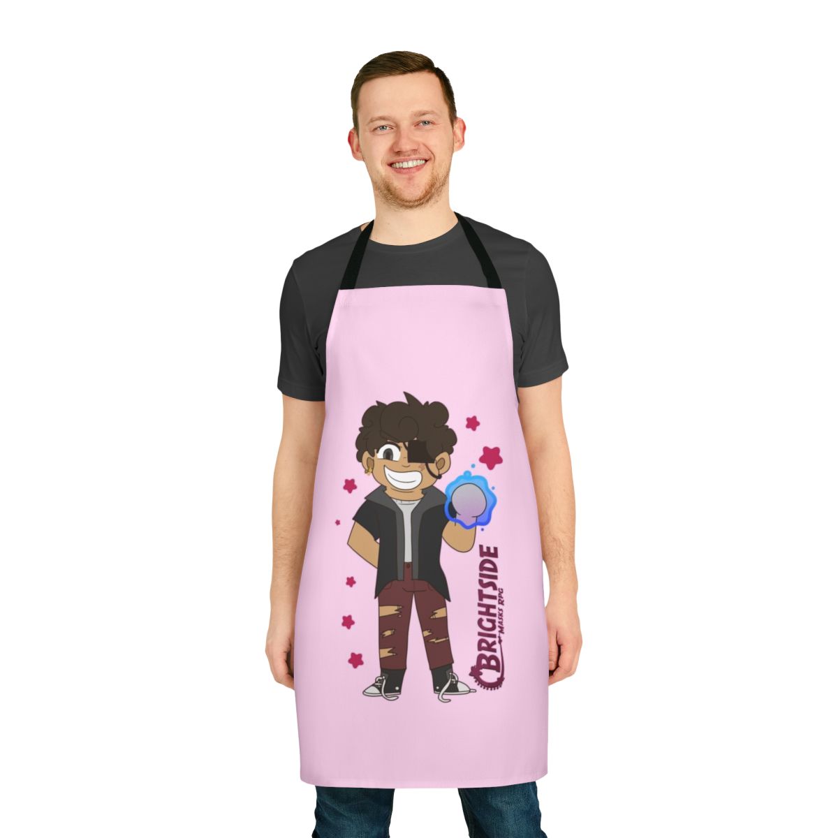 Adorable chibi-style apron featuring superhero and villain designs