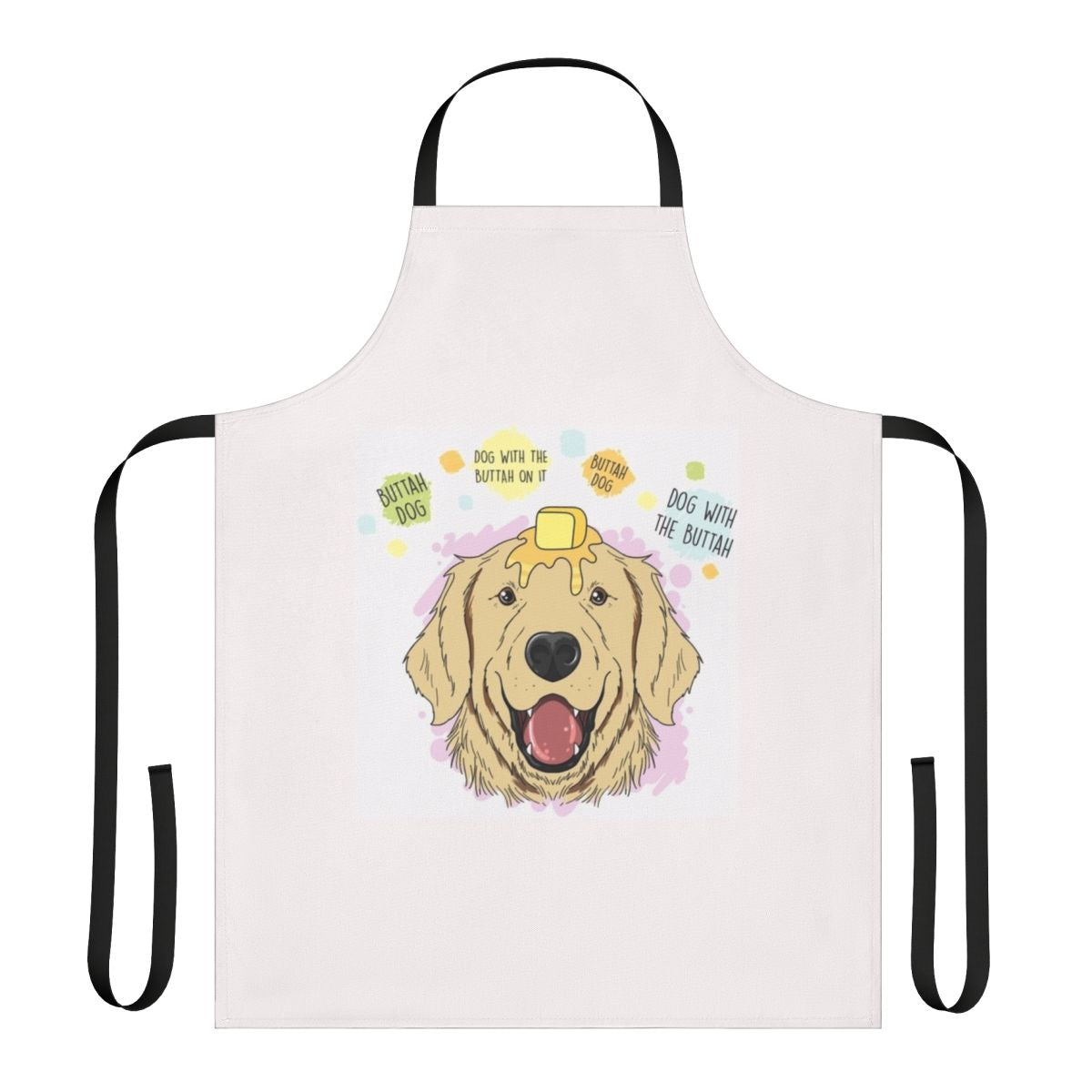 A white apron with a playful design of a dog with butter on its head.
