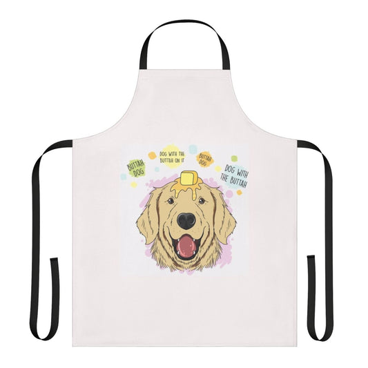 A white apron with a playful design of a dog with butter on its head.