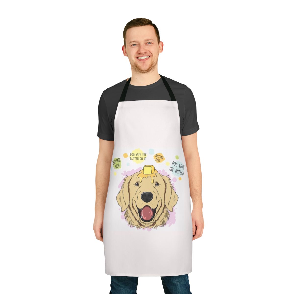 A white apron with a playful design of a dog with butter on its head.
