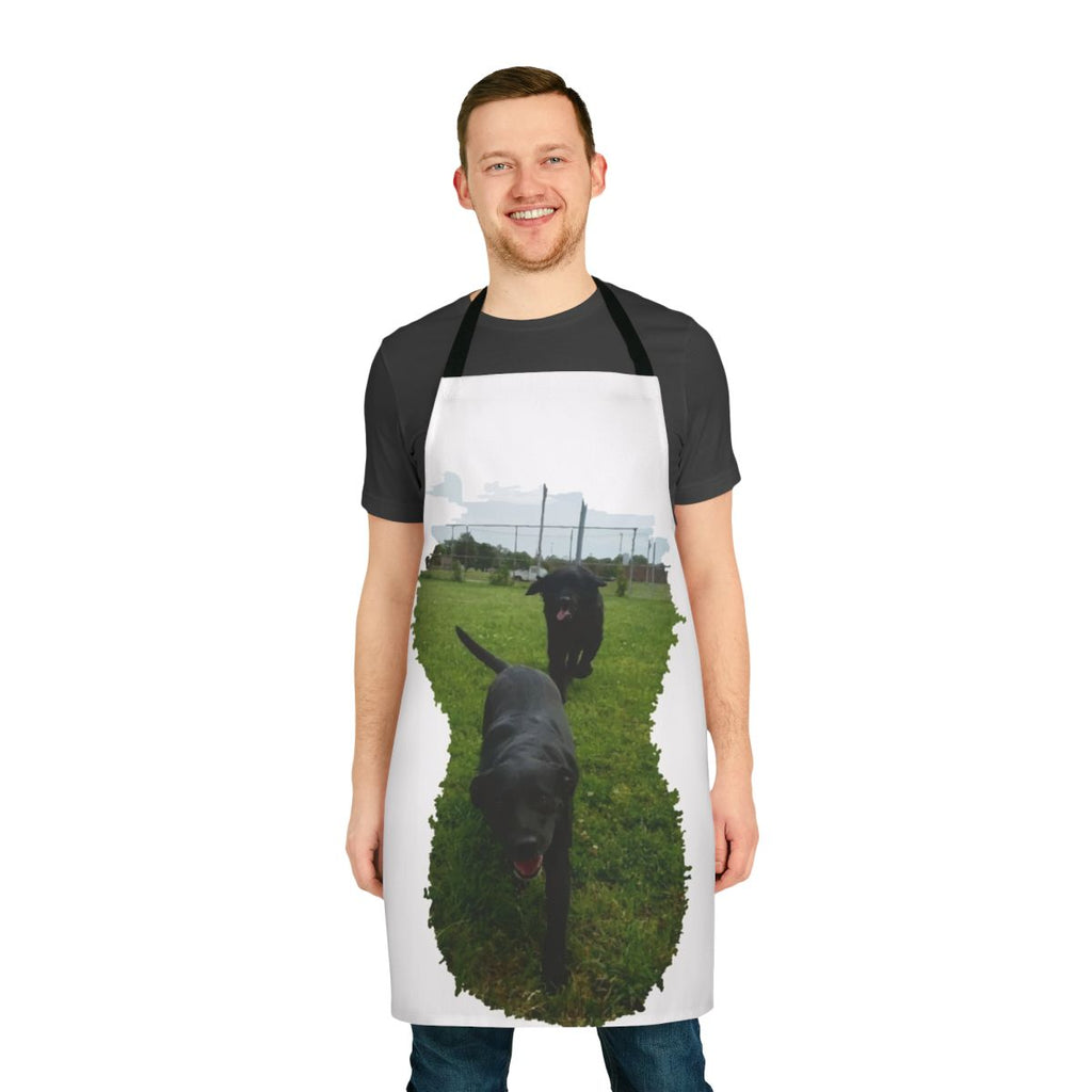 Colorful apron featuring playful dogs running in a park
