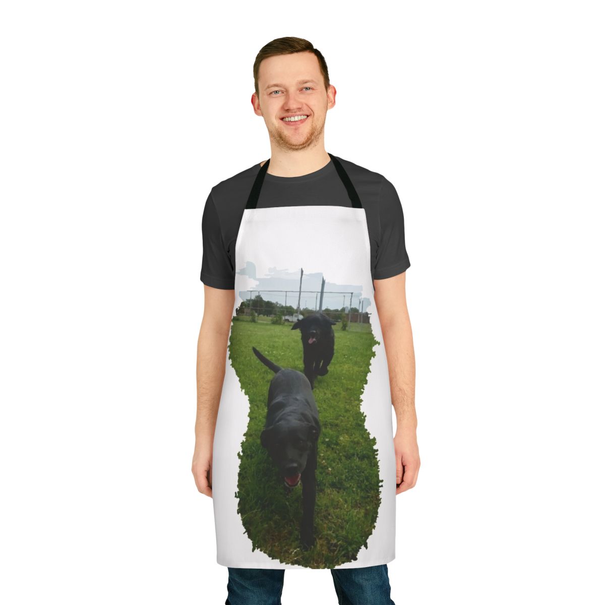 Colorful apron featuring playful dogs running in a park