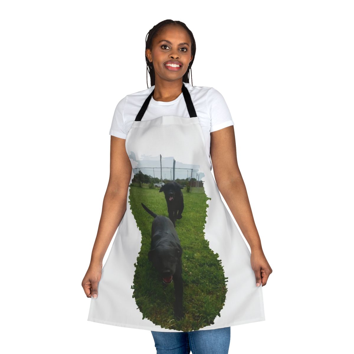 Colorful apron featuring playful dogs running in a park