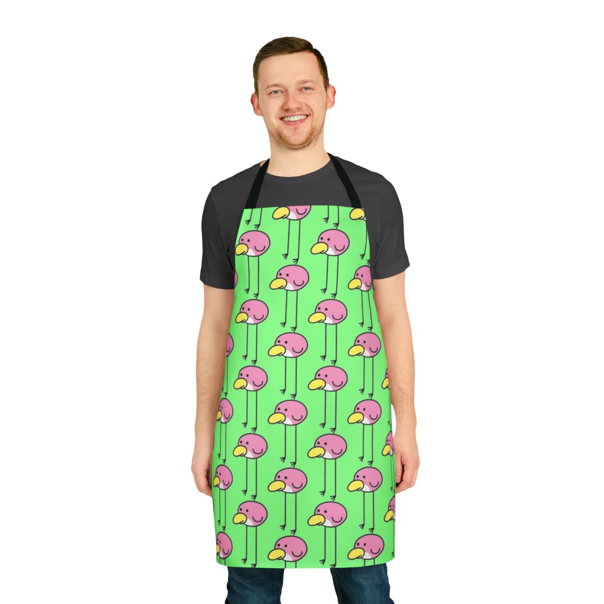 A stylish and whimsical apron featuring a flock of huebirds, inspired by the popular Nintendo game Rhythm Heaven.