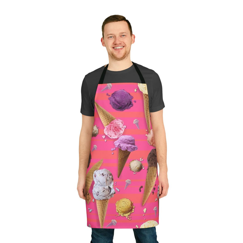 "Colorful ice cream-themed apron with melting ice cream, triangles, and playful graphics"
