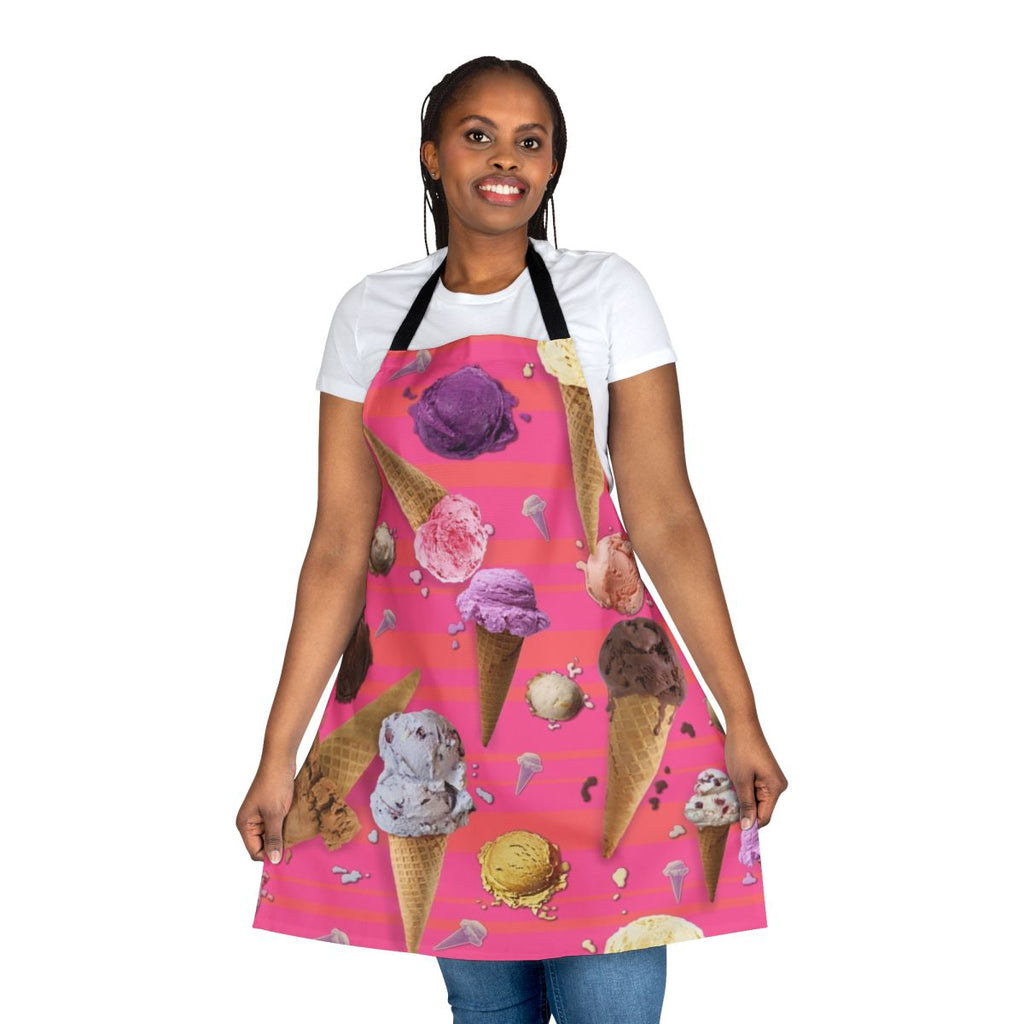 "Colorful ice cream-themed apron with melting ice cream, triangles, and playful graphics"