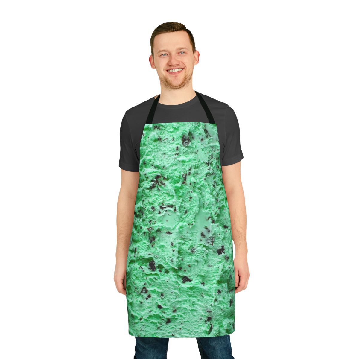 A green apron featuring a mint chocolate chip ice cream design, perfect for chocoholics and ice cream enthusiasts.
