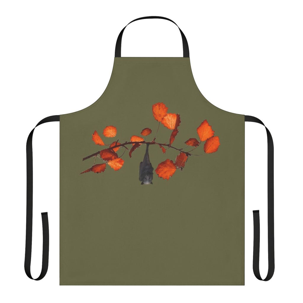 Moss green apron featuring a whimsical Batzilla design with leaves, branches, and hanging bats
