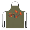 Moss green apron featuring a whimsical Batzilla design with leaves, branches, and hanging bats
