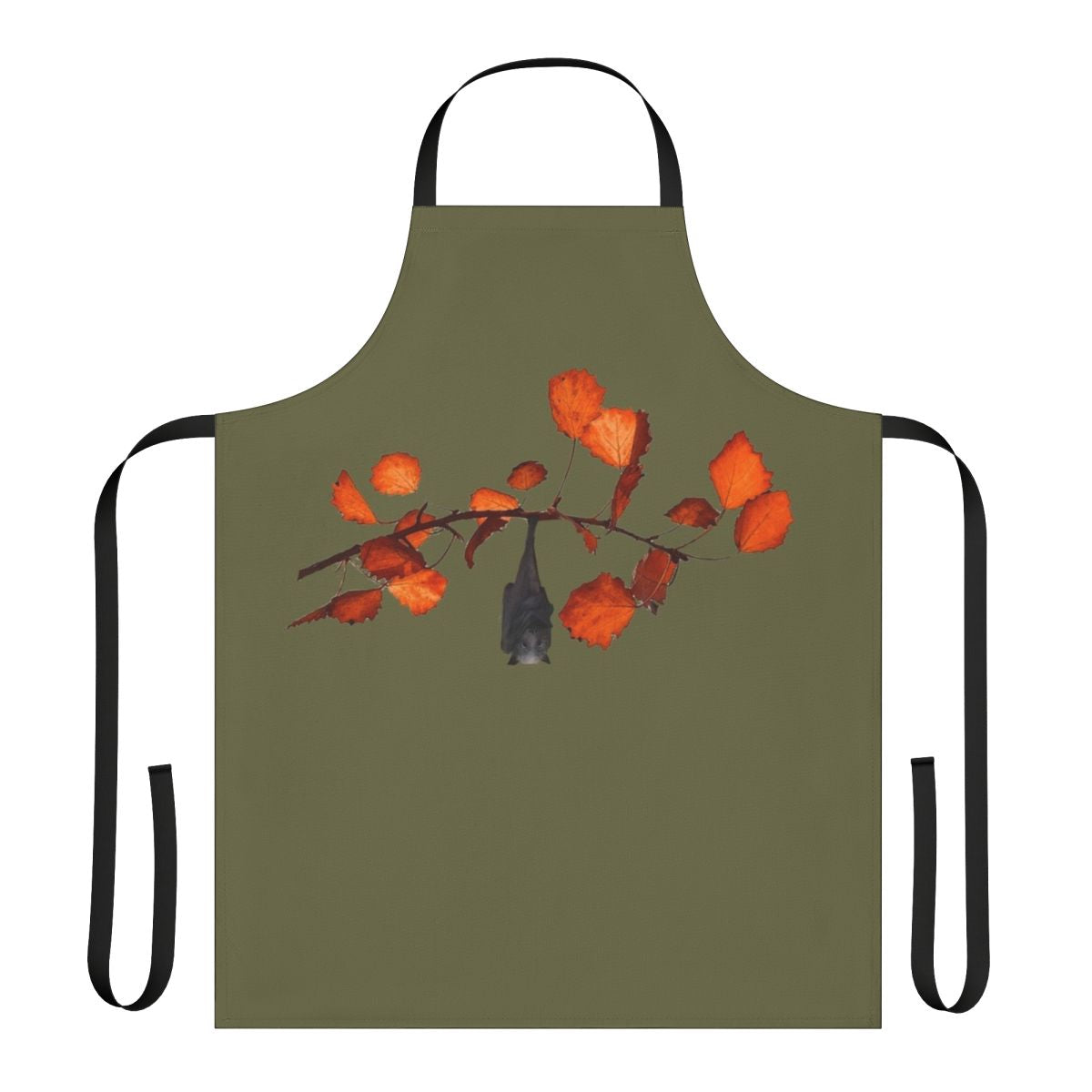 Moss green apron featuring a whimsical Batzilla design with leaves, branches, and hanging bats