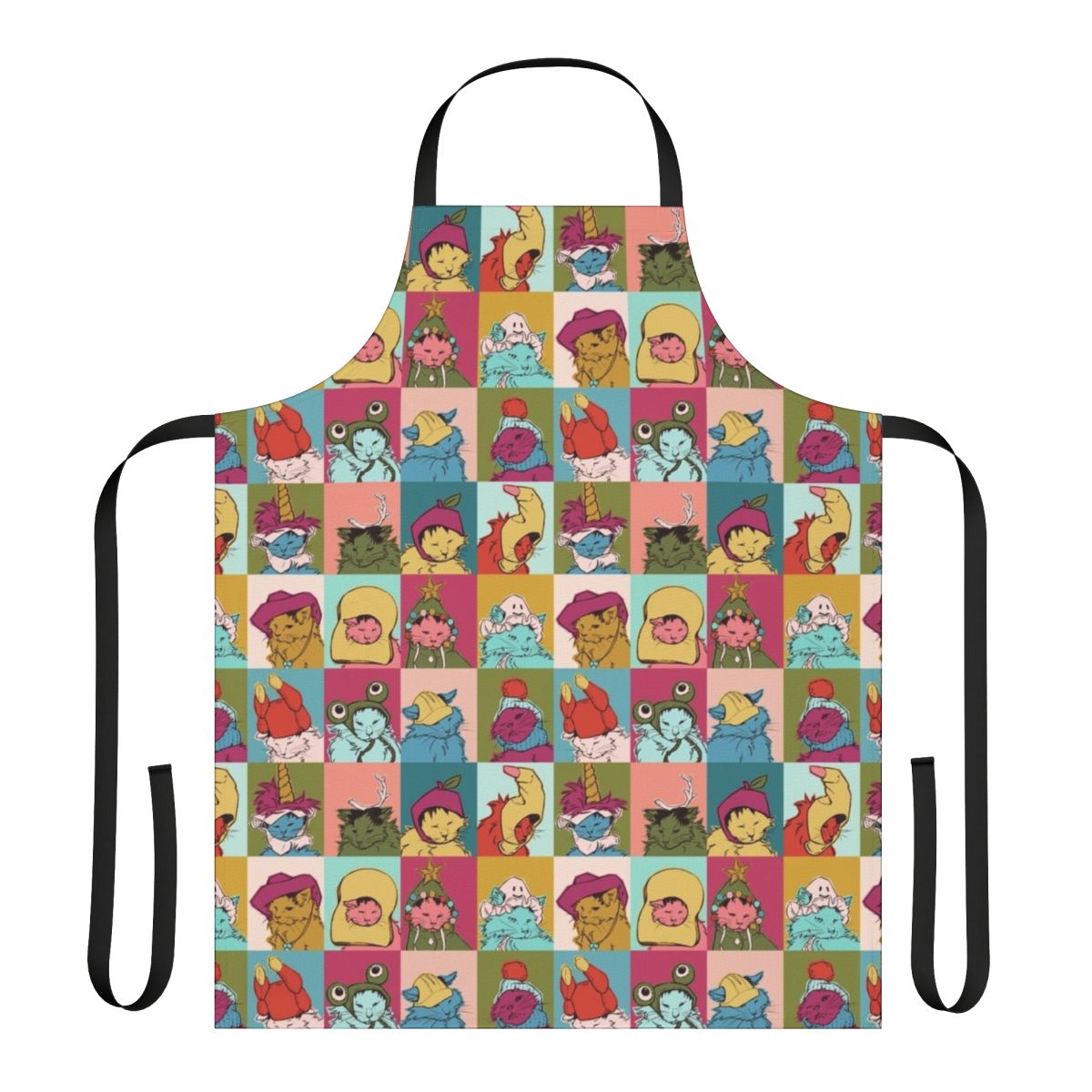 A colorful apron featuring a playful pot roast design, perfect for home cooking enthusiasts.