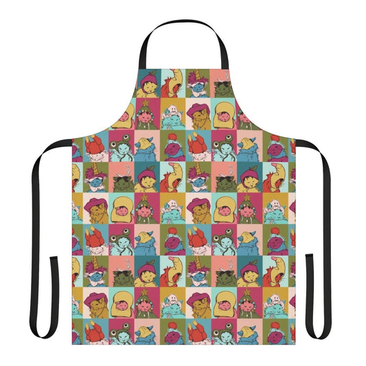 A colorful apron featuring a playful pot roast design, perfect for home cooking enthusiasts.