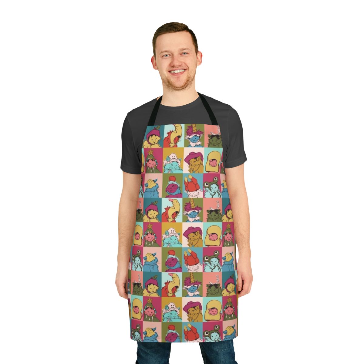 A colorful apron featuring a playful pot roast design, perfect for home cooking enthusiasts.