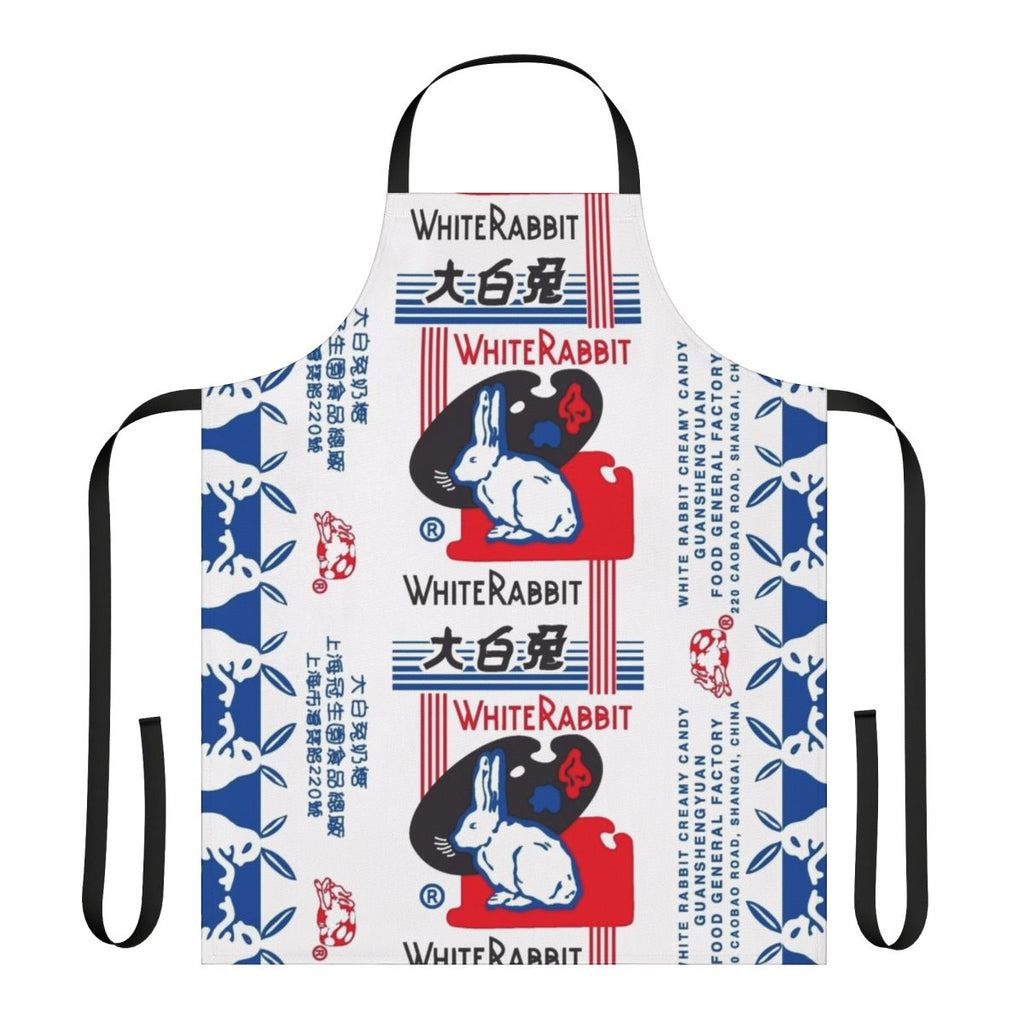 Whimsical apron featuring the iconic white rabbit candy design