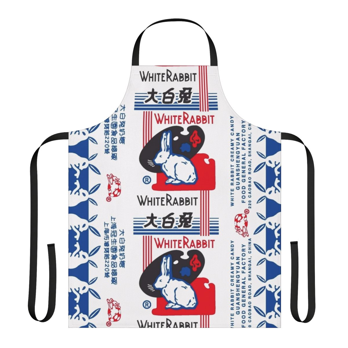 Whimsical apron featuring the iconic white rabbit candy design