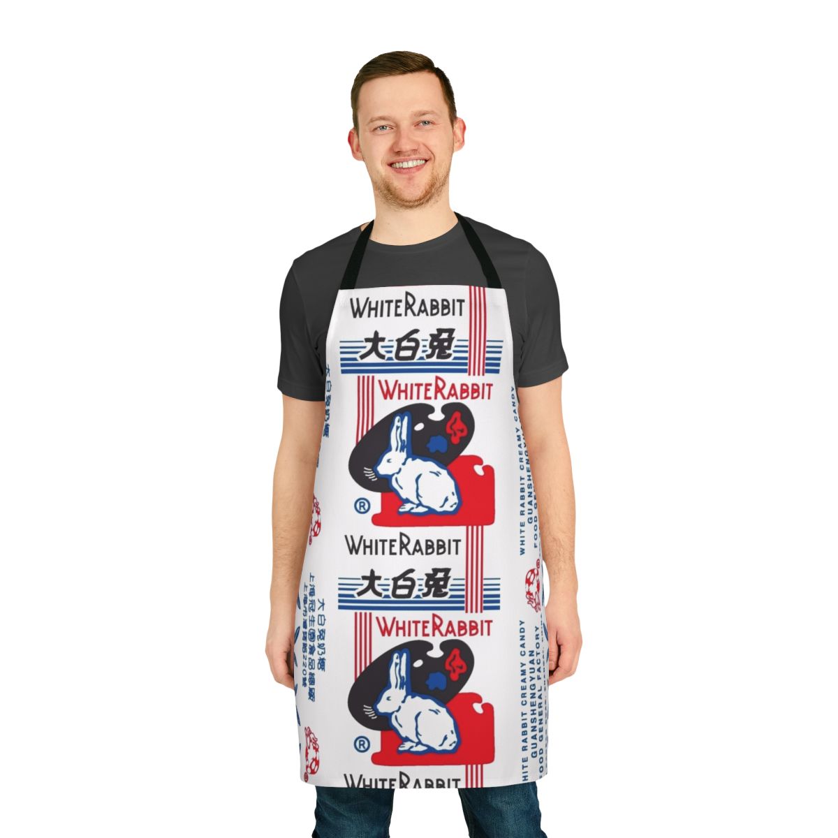 Whimsical apron featuring the iconic white rabbit candy design