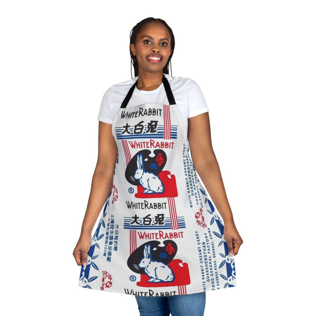 Whimsical apron featuring the iconic white rabbit candy design