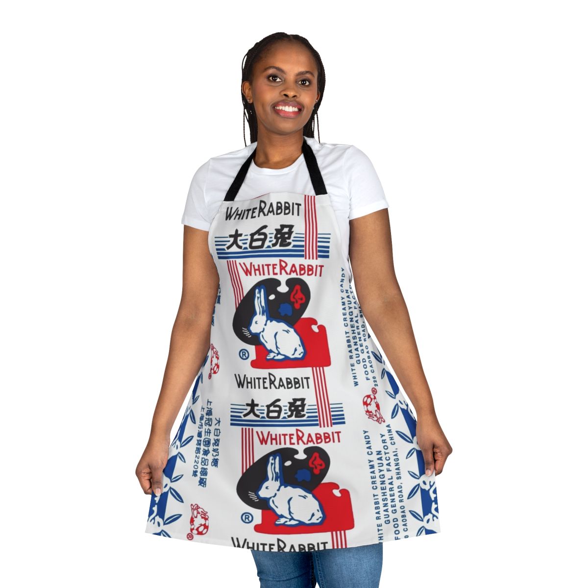 Whimsical apron featuring the iconic white rabbit candy design