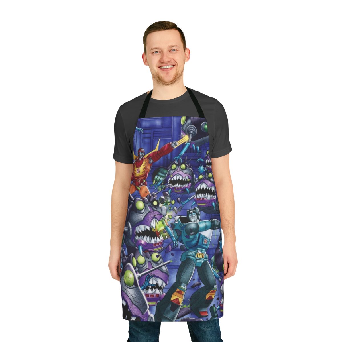 A durable and stylish transformer-themed apron, featuring a bold demolition derby design.
