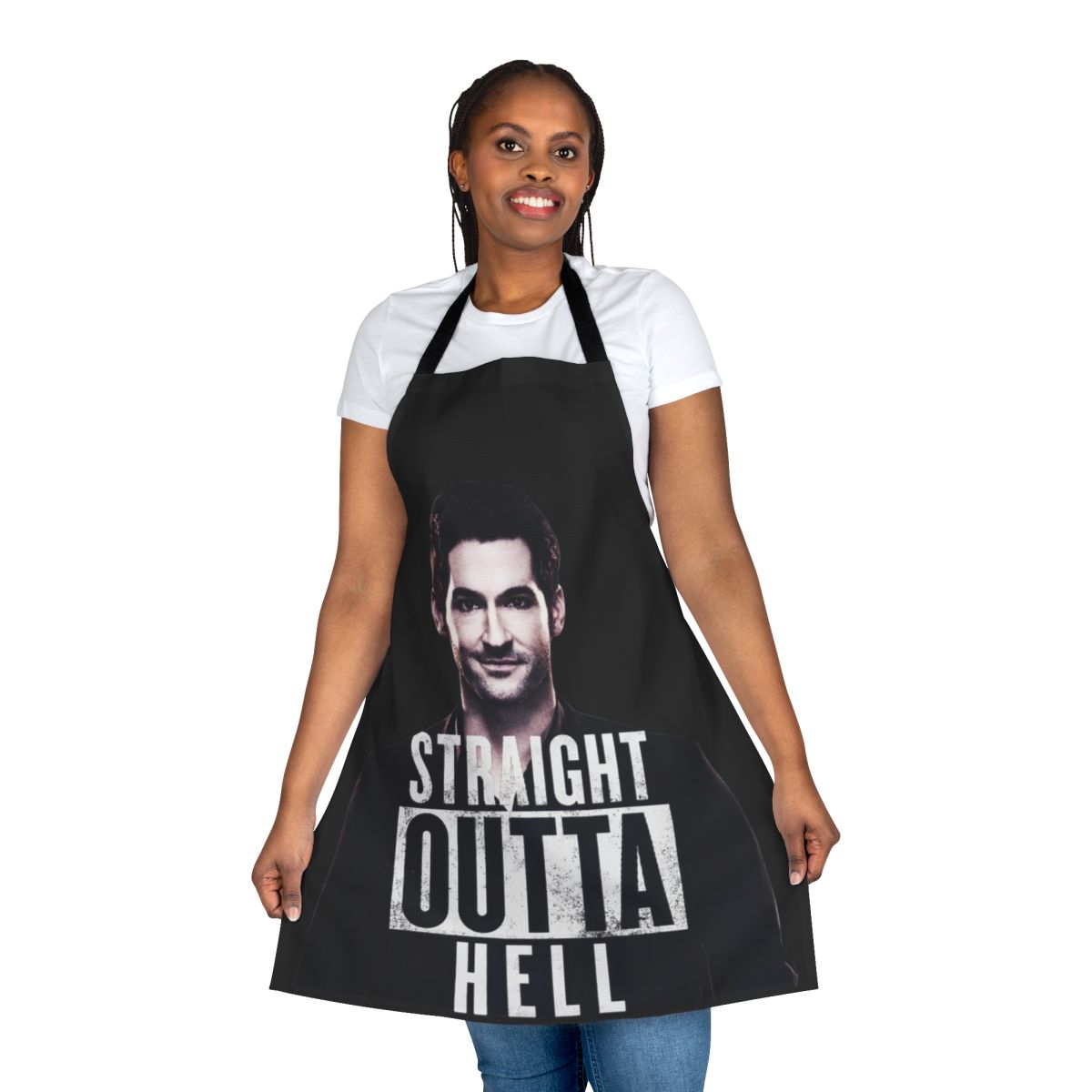 Apron with a Lucifer-inspired design, featuring the fallen angel and the TV series character.