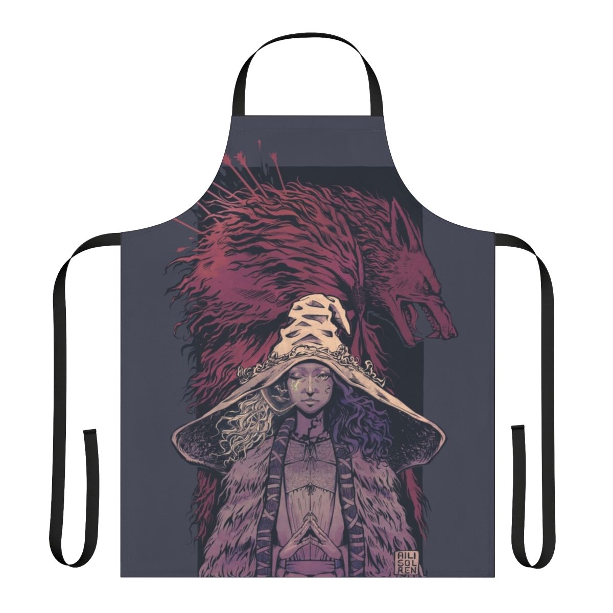 Elden Ring-inspired desaturated fantasy apron with Ranni and Blaidd imagery
