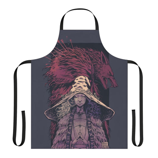 Elden Ring-inspired desaturated fantasy apron with Ranni and Blaidd imagery