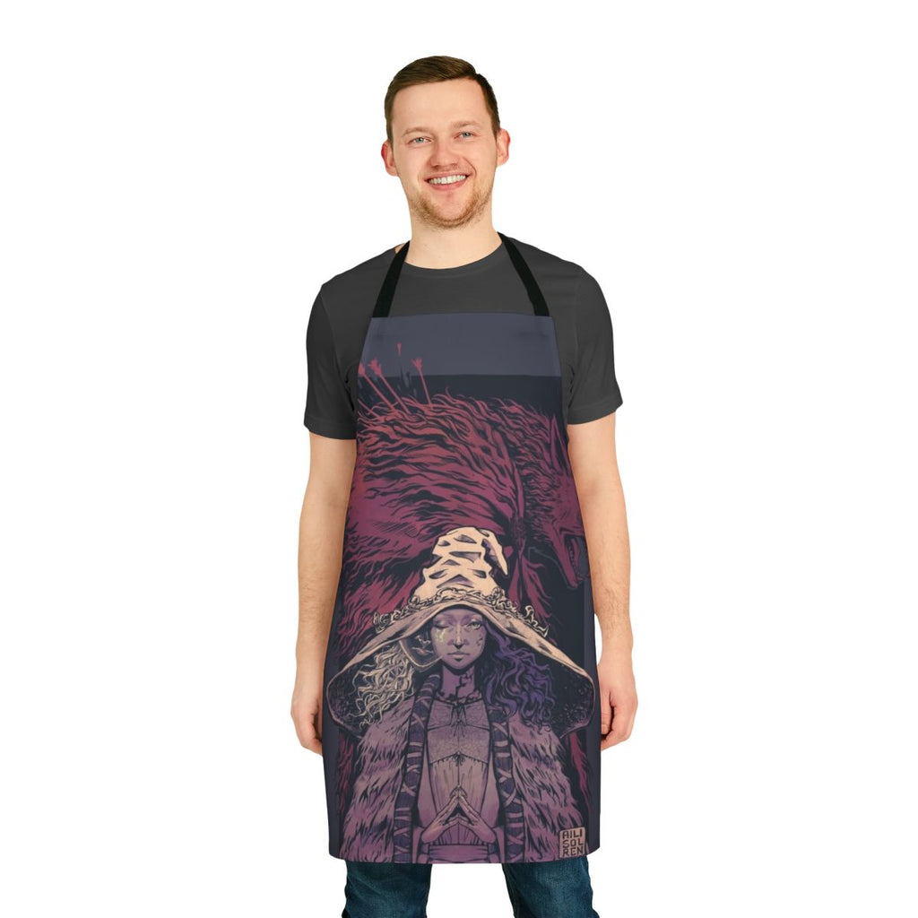 Elden Ring-inspired desaturated fantasy apron with Ranni and Blaidd imagery