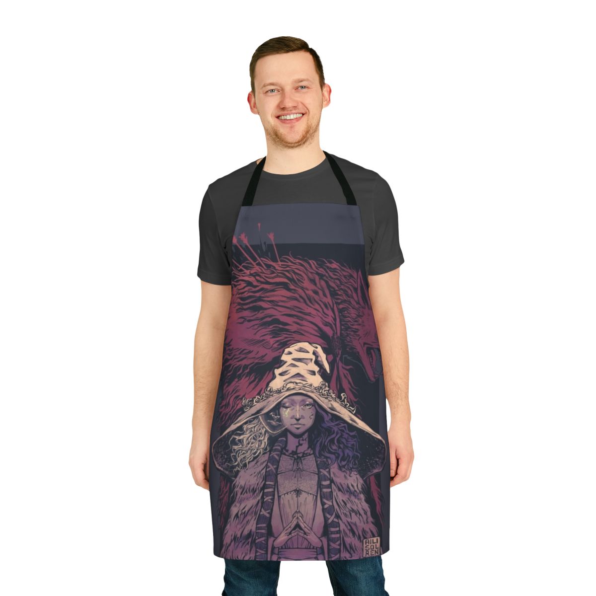 Elden Ring-inspired desaturated fantasy apron with Ranni and Blaidd imagery