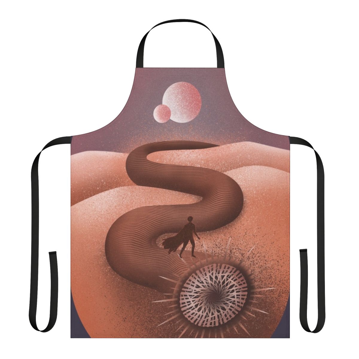 A high-quality apron featuring a desert-inspired design with a sand worm and Arrakis landscape, inspired by the Dune movie.