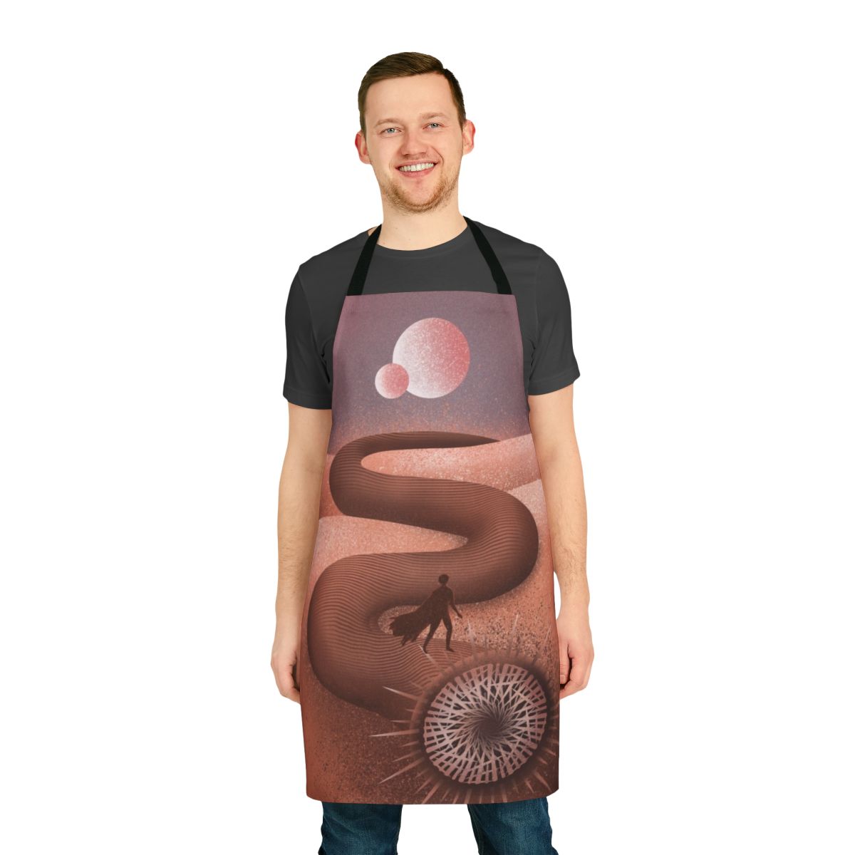 A high-quality apron featuring a desert-inspired design with a sand worm and Arrakis landscape, inspired by the Dune movie.