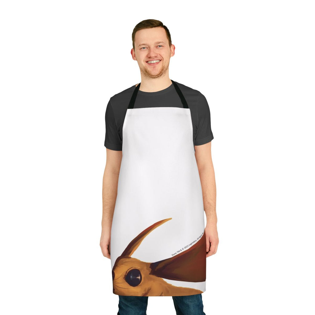 A beige apron with a desert mouse print, inspired by the sci-fi movie Dune.