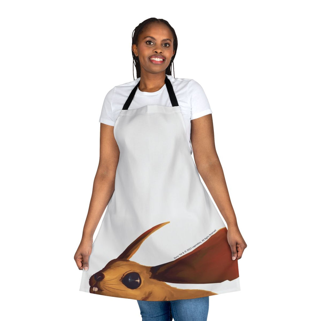 A beige apron with a desert mouse print, inspired by the sci-fi movie Dune.