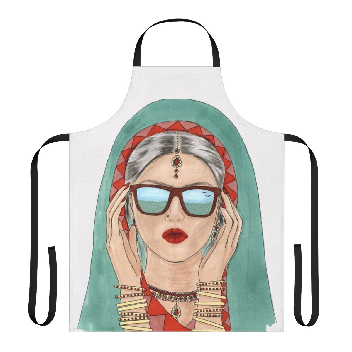 Woman wearing a desi-inspired traditional apron with sunglasses