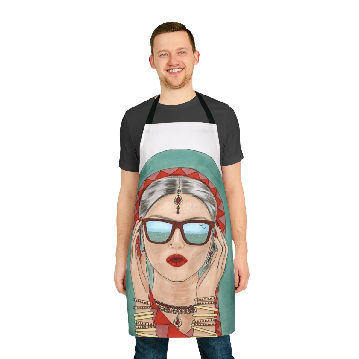 Woman wearing a desi-inspired traditional apron with sunglasses