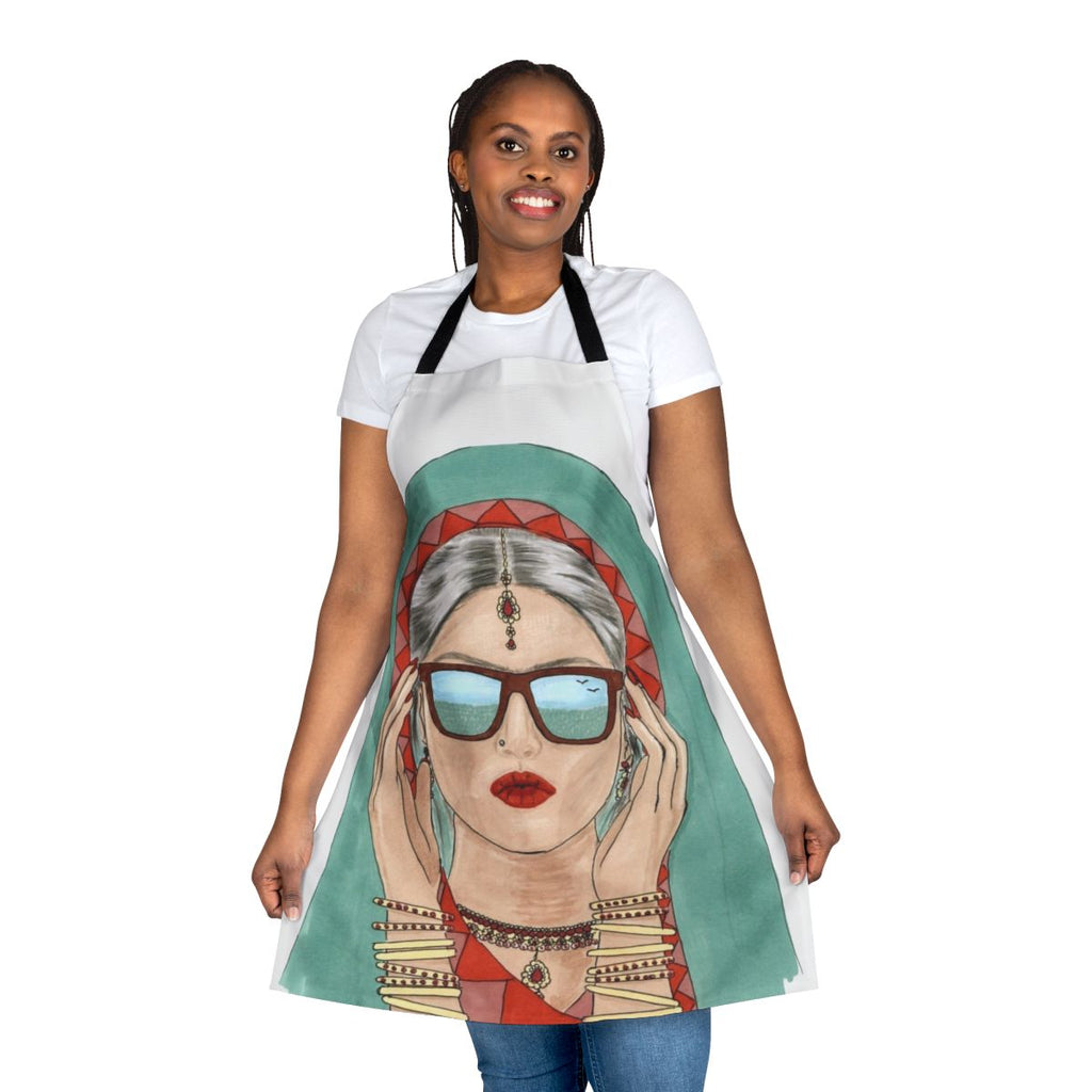 Woman wearing a desi-inspired traditional apron with sunglasses